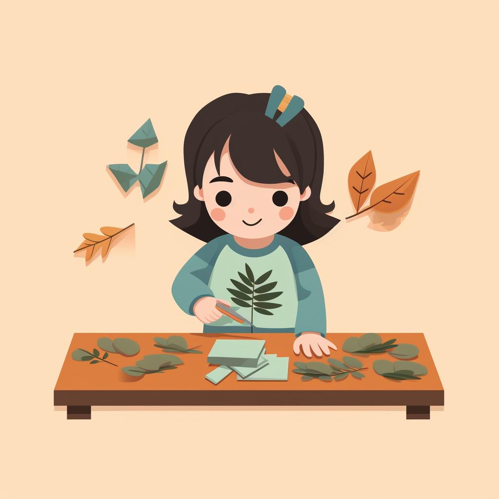 Preschooler arranging leaves on a piece of construction paper.